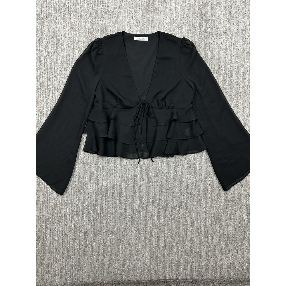 12th Tribe Alexa Blouse Size S Black Tie Front Ruffles Flared Sleeves Going Out